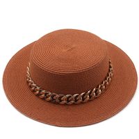 New Flat Top Hat Straw Hat Women's Summer Beach Hat Sun-proof Vacation Seaside Hat Flat Brim Fedora Hat sku image 15