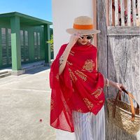 Bufanda Roja Para Mujer, Bufanda Exterior De Protección Solar, Bufanda Fina, Bufanda De Playa, Bufanda Larga Con Patrón Dorado sku image 1