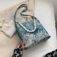 Knitted Oil Painting Pattern Small Bag For Women 2021 New Fashionable Canvas Pearl Crossbody Women's Bag Simple Shoulder Tote Bag main image 1