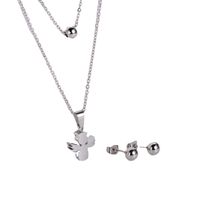 Angel Pendant Double Chain Titanium Steel Fashion Round Bead Earrings Three-piece Wholesale Jewelry Nihaojewelry main image 6