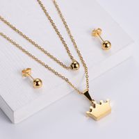 Glossy Crown Pendant Double Chain Necklace Round Bead Earrings Three-piece Wholesale Nihaojewelry main image 1