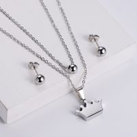 Glossy Crown Pendant Double Chain Necklace Round Bead Earrings Three-piece Wholesale Nihaojewelry main image 4