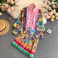 Wholesale Ethnic Style Printed High-waist Pleated Skirt Shirt Suit Nihaojewelry main image 4