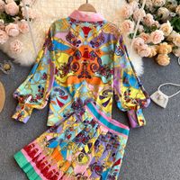 Wholesale Ethnic Style Printed High-waist Pleated Skirt Shirt Suit Nihaojewelry main image 6