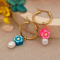 Wholesale Mixed Color Flower Pattern Pearl Stainless Steel Earrings Nihaojewelry main image 5