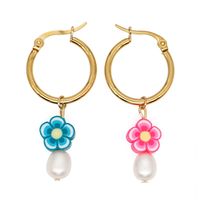 Wholesale Mixed Color Flower Pattern Pearl Stainless Steel Earrings Nihaojewelry sku image 1