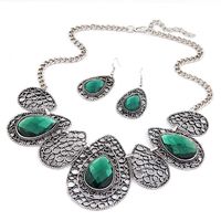 Nihaojewelry Jewelry Wholesale Retro Metal Hollow Inlaid Gemstone Water Drop Necklace Earrings Set sku image 5