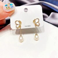 Nihaojewelry Korean Style Butterfly Pearl Tassel Copper Earrings Wholesale Jewelry main image 1