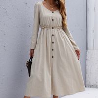 Round Neck Pullover Casual Solid Color Long-sleeved Waist Dress Wholesale Nihaojewelry main image 2