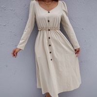 Round Neck Pullover Casual Solid Color Long-sleeved Waist Dress Wholesale Nihaojewelry main image 4