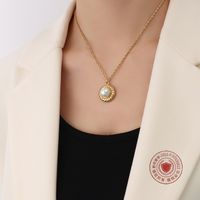 European And American Ins Style Personalized Straw Hat Shape Inlaid Imitation Pearl Design Titanium Steel Necklace Plated 18k Real Gold Clavicle Chain main image 1