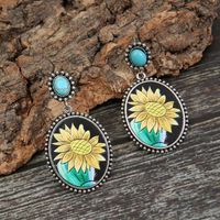 Cross-border European And American Independent Station Retro Sunflower Turquoise Leather Earrings Foreign Trade Cactus Sunflower Metal Earrings main image 3