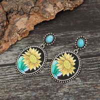 Cross-border European And American Independent Station Retro Sunflower Turquoise Leather Earrings Foreign Trade Cactus Sunflower Metal Earrings main image 4