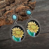 Cross-border European And American Independent Station Retro Sunflower Turquoise Leather Earrings Foreign Trade Cactus Sunflower Metal Earrings main image 5