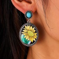 Cross-border European And American Independent Station Retro Sunflower Turquoise Leather Earrings Foreign Trade Cactus Sunflower Metal Earrings main image 6
