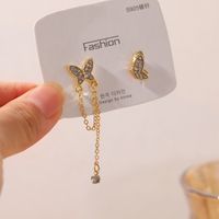 Sterling Silver Needle Korean Fairy Butterfly Asymmetric Earrings Elegant High-grade Cold Style Diamond Stud Earrings For Women sku image 1