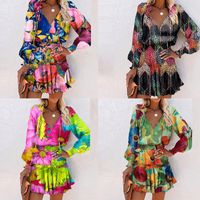 Wholesale V-neck Splicing Ruffled Colorful Flower Print Long-sleeved Short Dress Nihaojewelry main image 1