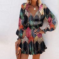 Wholesale V-neck Splicing Ruffled Colorful Flower Print Long-sleeved Short Dress Nihaojewelry main image 3