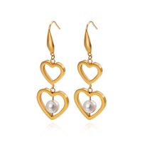 New Style Titanium Steel Double Heart-shaped Pearl Earrings Wholesale Nihaojewelry sku image 3