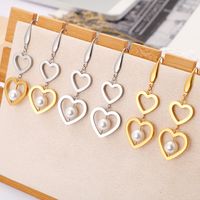 New Style Titanium Steel Double Heart-shaped Pearl Earrings Wholesale Nihaojewelry main image 3