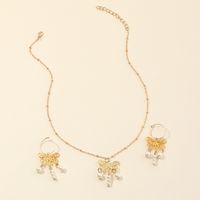 Golden Butterfly Pearl Pendant Earrings Necklace Set Wholesale Nihaojewelry sku image 1