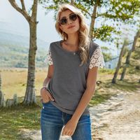 Short Sleeve T-shirts Patchwork Lace Casual Solid Color sku image 14