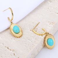 Wholesale Fashion Oval Sunflower Stainless Steel Inlaid Turquoise Earrings Nihaojewelry sku image 1