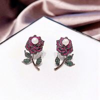 Korea Retro Rose Pearl Zircon Micro-inlaid Copper Earrings Wholesale Nihaojewelry main image 1