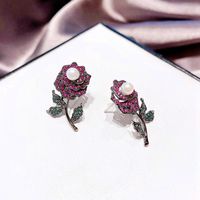 Korea Retro Rose Pearl Zircon Micro-inlaid Copper Earrings Wholesale Nihaojewelry main image 3