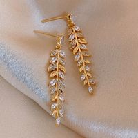 Retro Leaf Metal Rhinestone Tassel Earrings Wholesale Nihaojewelry sku image 1