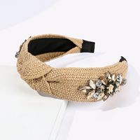 Cross-border European And American Woven Diamond-laid Headband Internet Celebrity Vacation Style French Covered Wide Edge Raffia Woven Flower Headband main image 5