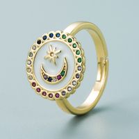 Exclusive For Cross-border Copper-plated Gold Micro Inlaid Color Zircon Star Moon Round Ring Female Dripping Oil T Square Opening Couple's Ring main image 3