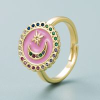Exclusive For Cross-border Copper-plated Gold Micro Inlaid Color Zircon Star Moon Round Ring Female Dripping Oil T Square Opening Couple's Ring main image 4