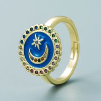 Exclusive For Cross-border Copper-plated Gold Micro Inlaid Color Zircon Star Moon Round Ring Female Dripping Oil T Square Opening Couple's Ring main image 5
