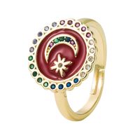 Exclusive For Cross-border Copper-plated Gold Micro Inlaid Color Zircon Star Moon Round Ring Female Dripping Oil T Square Opening Couple's Ring main image 6