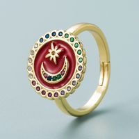 Exclusive For Cross-border Copper-plated Gold Micro Inlaid Color Zircon Star Moon Round Ring Female Dripping Oil T Square Opening Couple's Ring sku image 2