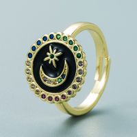 Exclusive For Cross-border Copper-plated Gold Micro Inlaid Color Zircon Star Moon Round Ring Female Dripping Oil T Square Opening Couple's Ring sku image 4