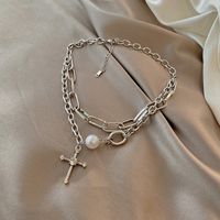 Pearl Cross Pendant Punk Style Clavicle Chain Necklace Wholesale Jewelry Nihaojewelry main image 5