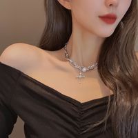 Pearl Cross Pendant Punk Style Clavicle Chain Necklace Wholesale Jewelry Nihaojewelry sku image 1