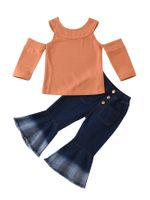 Couleur Unie Col Rond Veste Sans Bretelles Denim Pantalon Évasé Costume Pour Enfants En Gros Nihaojewelry main image 3