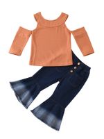 Solid Color Round Neck Strapless Jacket Denim Flared Trousers Children's Suit Wholesale Nihaojewelry main image 3