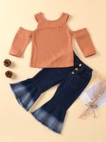 Solid Color Round Neck Strapless Jacket Denim Flared Trousers Children's Suit Wholesale Nihaojewelry sku image 9