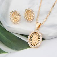 Fashion Simple Inlaid Zirconium Oval Virgin Necklace Set Ins Europe And America Cross Border Gold Plated Religious Eardrops Stud Earrings main image 1