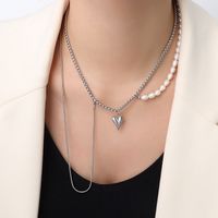 Wholesale Fashion Natural Freshwater Pearl Stitching Chain Tassel Titanium Steel Necklace Nihaojewelry sku image 1