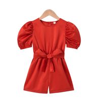 Solid Color Puff Sleeves Single-breasted Bow Belts Children's Jumpsuit Wholesale Nihaojewelry main image 6