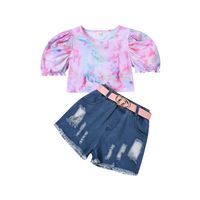 Cross-border Foreign Trade Children's Clothing Girls' European And American Style Tie-dyed Puff Sleeve Pullover With Belt Ripped Denim Shorts main image 6