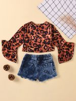 Exclusive For Cross-border Popular Children's Clothing Leopard Print Round-neck Flared Sleeves Top Street Ripped Jeans Children's Suit main image 3