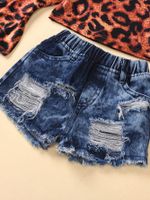 Exclusive For Cross-border Popular Children's Clothing Leopard Print Round-neck Flared Sleeves Top Street Ripped Jeans Children's Suit main image 5