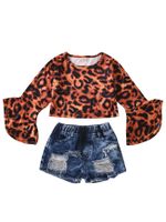 Exclusive For Cross-border Popular Children's Clothing Leopard Print Round-neck Flared Sleeves Top Street Ripped Jeans Children's Suit main image 6