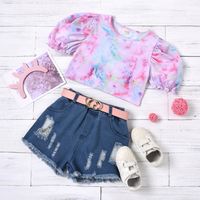 Cross-border Foreign Trade Children's Clothing Girls' European And American Style Tie-dyed Puff Sleeve Pullover With Belt Ripped Denim Shorts sku image 1